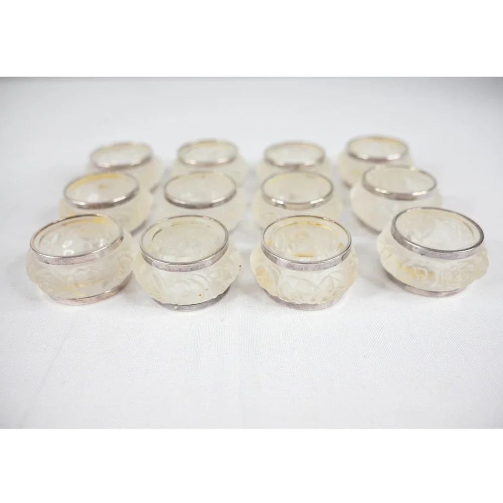 Vtg Napkin Rings 12p Frosted Crystal Rose Floral Silver lead Rim William Adams